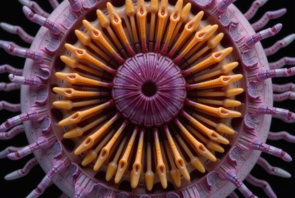 A vibrant, intricate abstract design with symmetrical spikes and vivid colors resembling a technological mandala structure.