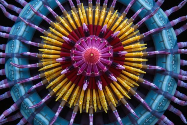 A vibrant, abstract, symmetrical mandala with intricate patterns and bold colors.