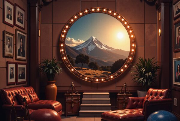 Luxurious room with circular window and mountain view.