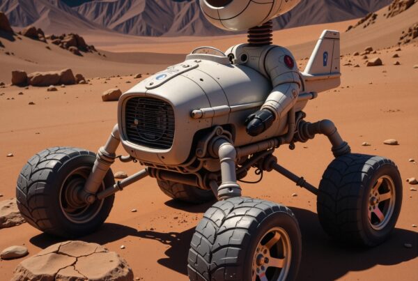 Futuristic robot rover explores rocky extraterrestrial landscape under deep blue sky.