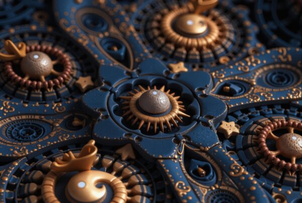 Intricate steampunk design with gears and celestial motifs.