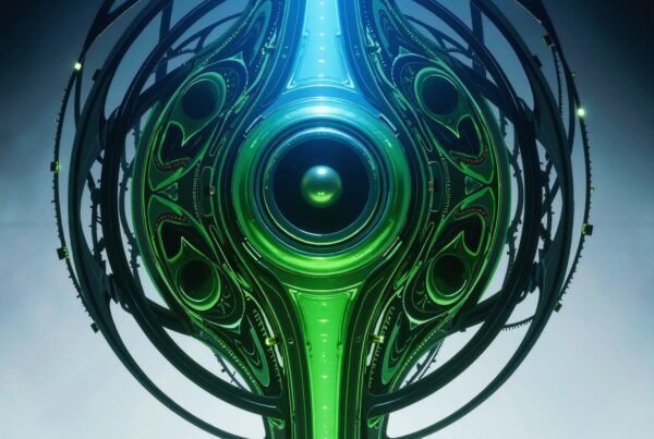 Futuristic glowing orb with intricate mechanical design.