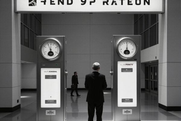 A man stands in a modern industrial environment with two large scales in a monochrome setting.