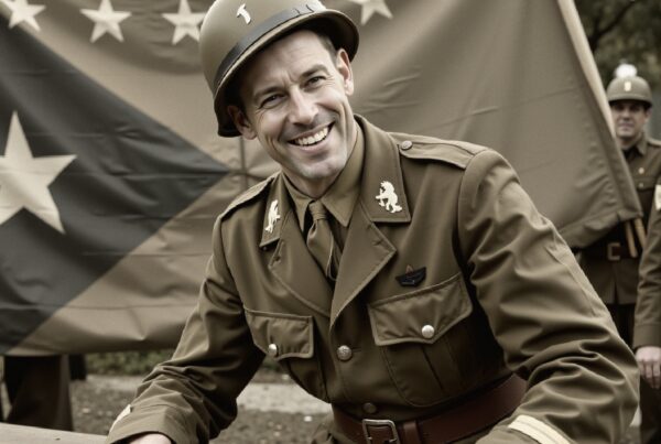 A smiling soldier in WWII uniform stands in front of a flag, conveying pride.