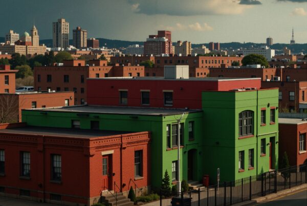 A cityscape featuring red and green buildings against a dramatic skyline.