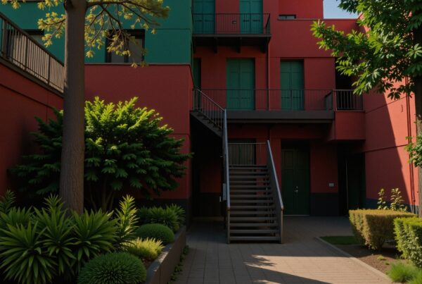 Vibrant red building with green accents amidst lush courtyard greenery under sunny skies.