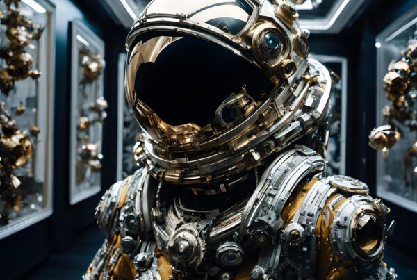 A futuristic astronaut with intricate, metallic spacesuit in a high-tech corridor.