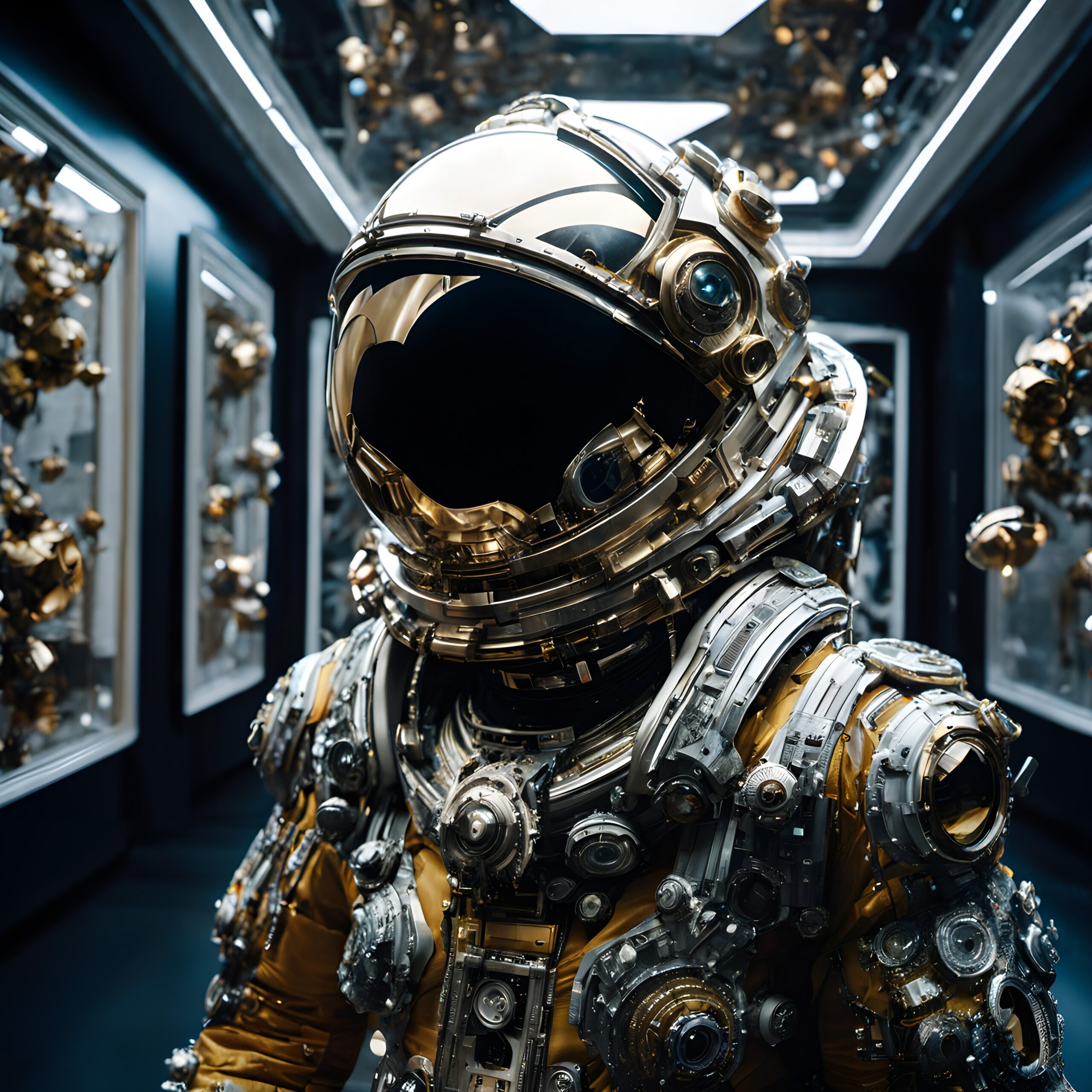 Futuristic Astronaut in Metallic Corridor