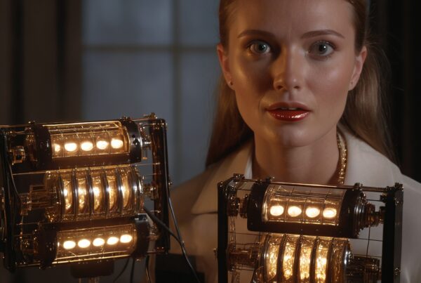 A woman stands with futuristic glowing devices illuminating a dimly lit room, evoking a blend of modern and vintage technology aesthetics.