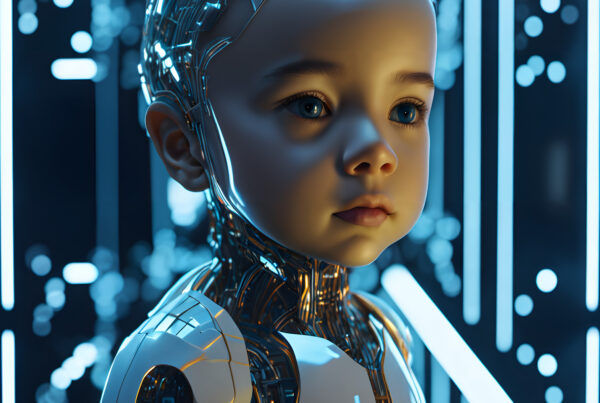Futuristic Robot Child with Human-like Features in Neon Light
