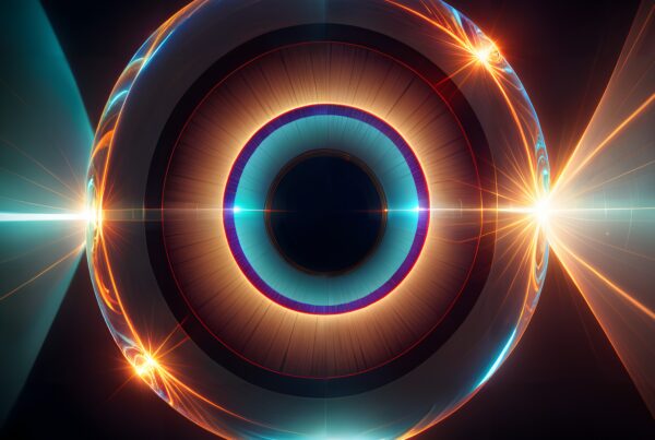 An abstract design resembling a luminous energy sphere or portal with vibrant colors and concentric patterns.