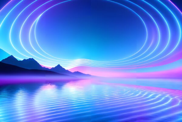 A surreal landscape with neon concentric circles reflected in the calm water with misty mountain peaks.
