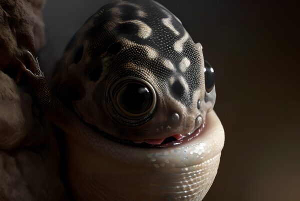 A whimsical creature resembling a blend of reptilian and amphibian features, with spots and large eyes, perched in a dimly lit setting.