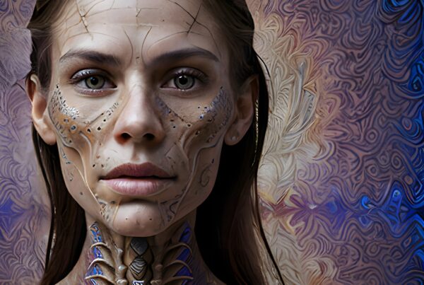 A woman with biomechanical patterns in a futuristic setting.
