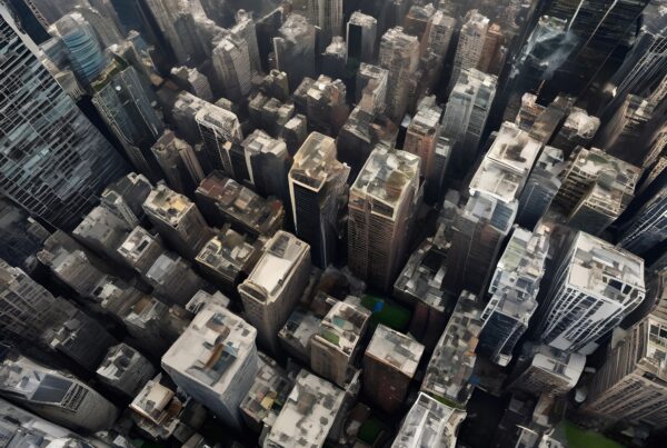 A breathtaking aerial view of a dense cityscape with towering skyscrapers and bustling urban life.