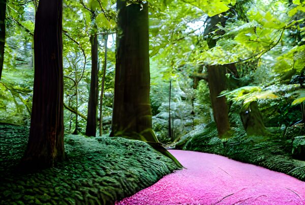 A serene forest with a bright pink petal pathway under a canopy of green leaves.