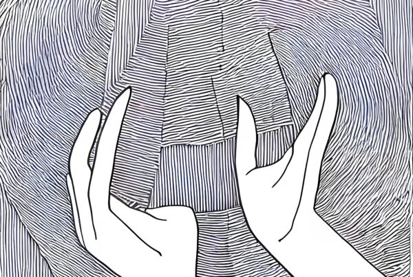Illustration of two stylized hands positioned amidst a swirling, abstract pattern of lines.