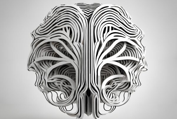 Intricate 3D sculpture resembling a human brain, composed of layered white lines, on a grey background.