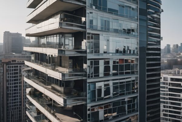 Modern high-rise building with balconies.