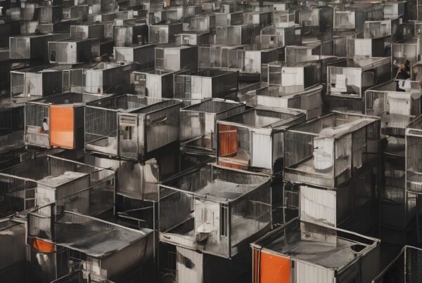 Dense field of industrial modular structures with orange panels under a hazy skyline.