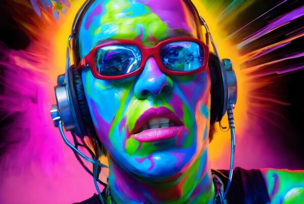 Vibrant portrait of a person with colorful face paint and headphones.