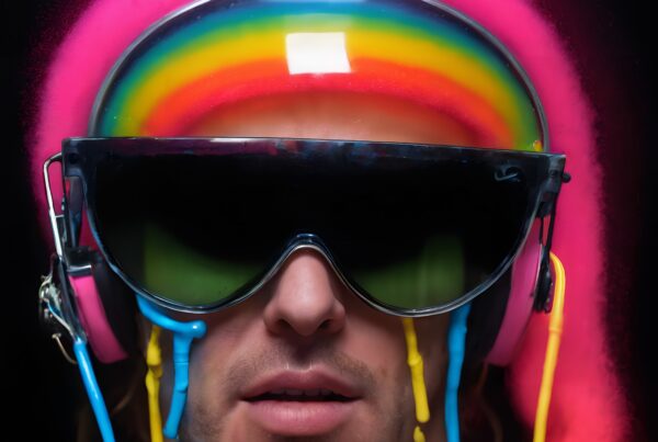 A person in colorful futuristic attire with neon sunglasses, headphones, and a rainbow helmet against a dark background.