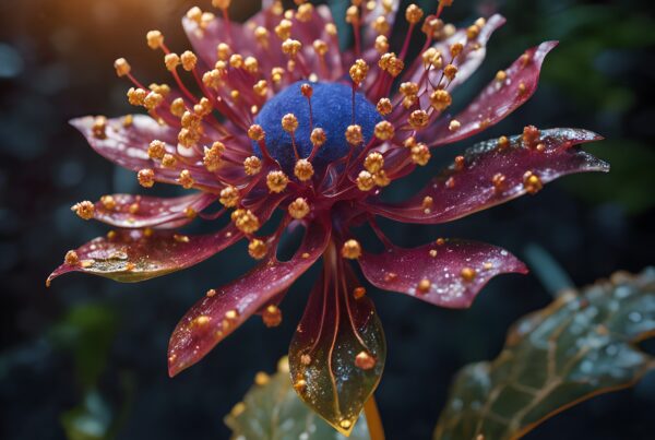 A vibrant and luminous fantasy flower with red and blue hues, adorned by golden stamens in a sunlit garden.