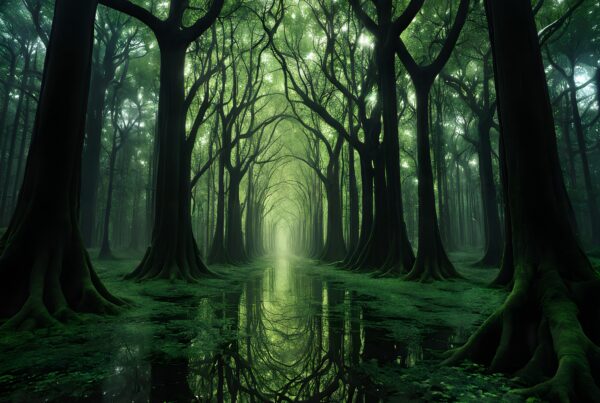 A tranquil forest scene with tall trees reflecting in a serene stream, basked in a soft, green glow.