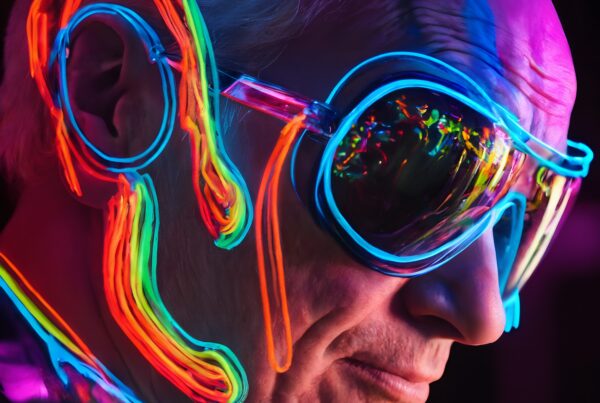 Close-up portrait of a person wearing neon lights and reflective glasses, creating a futuristic fashion statement in vibrant colors.