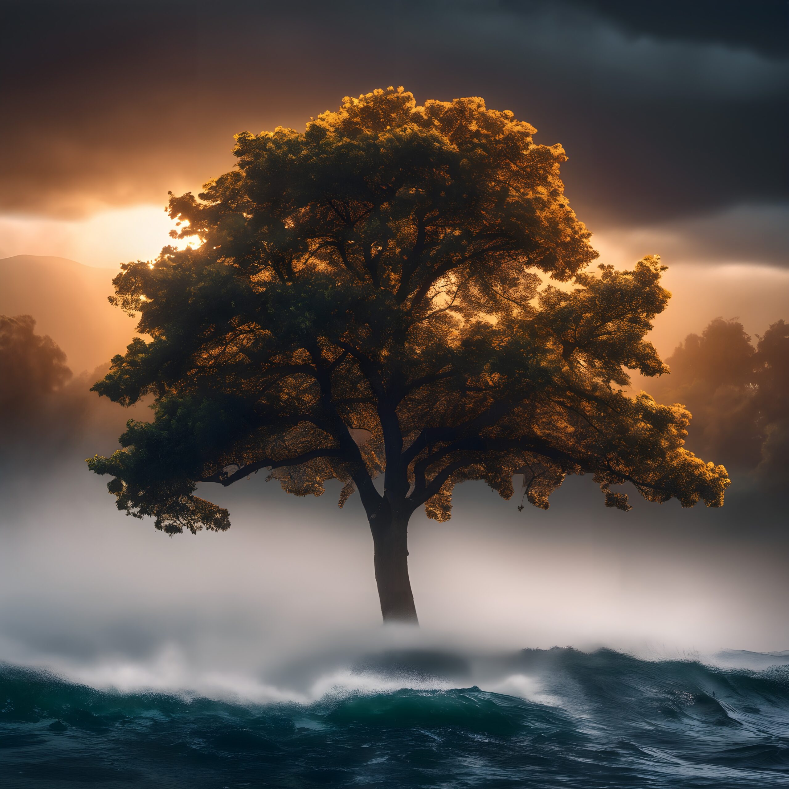 Solitary Tree Against Stormy Seas