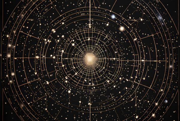 A celestial map with radiant center and intricate star constellations.