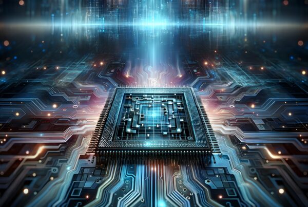 Futuristic microchip with glowing circuitry and digital elements.