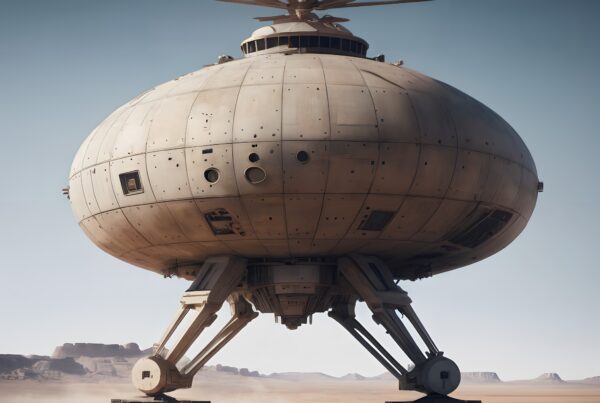 Futuristic spherical spaceship in a barren desert landscape.
