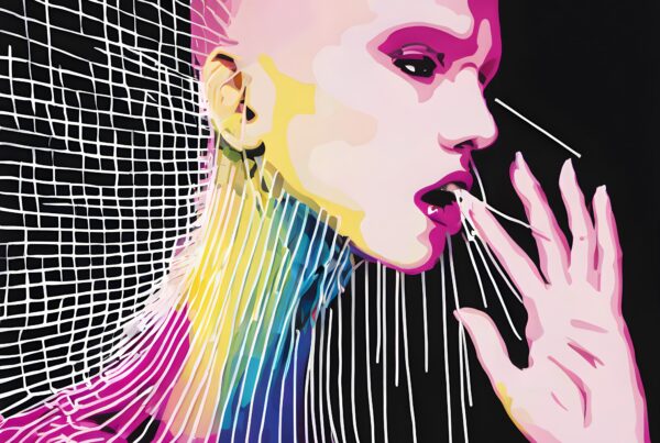 Digital artwork of a stylized human figure with vibrant colors and abstract lines on a black background.