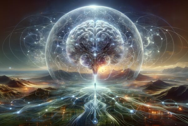 A surreal landscape featuring a luminous figure beneath a gigantic, glowing brain, symbolizing the fusion of human consciousness with digital networks.