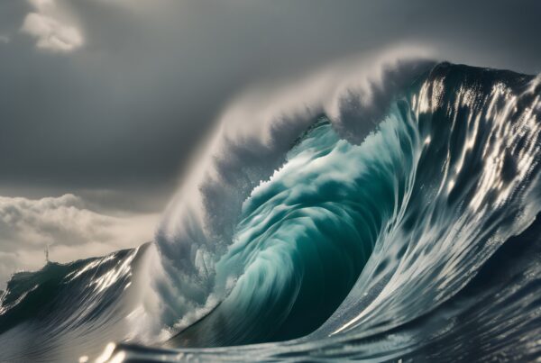 Dramatic ocean wave under stormy sky, contrasting vibrant water and dark clouds.