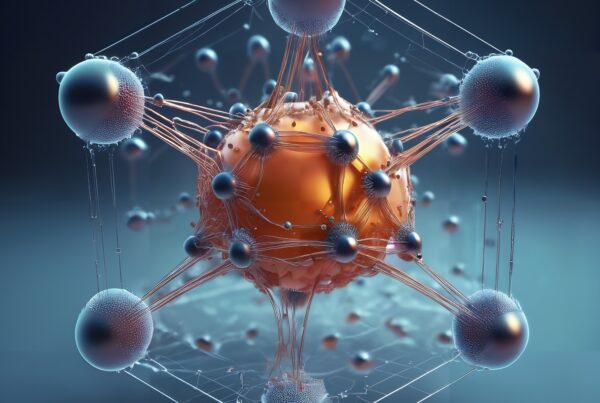 Futuristic molecular structure with glowing spheres interconnected in a complex network.