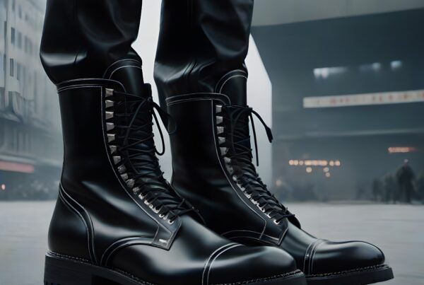 Close-up of shiny black combat boots on urban street background, highlighting style and modernity.