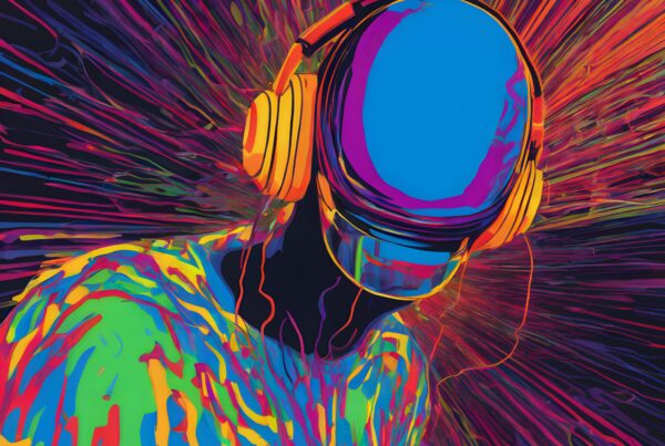 Futuristic figure with colorful headphones amidst vibrant streaks, creating an energetic, abstract visual of music and rhythm.