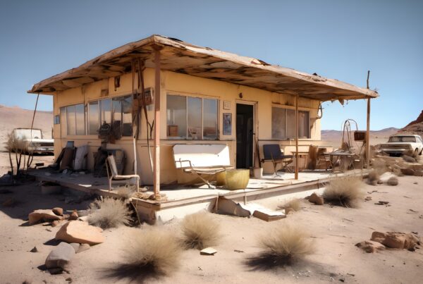 Abandoned building in desert landscape with old car and scattered plants under a blue sky.