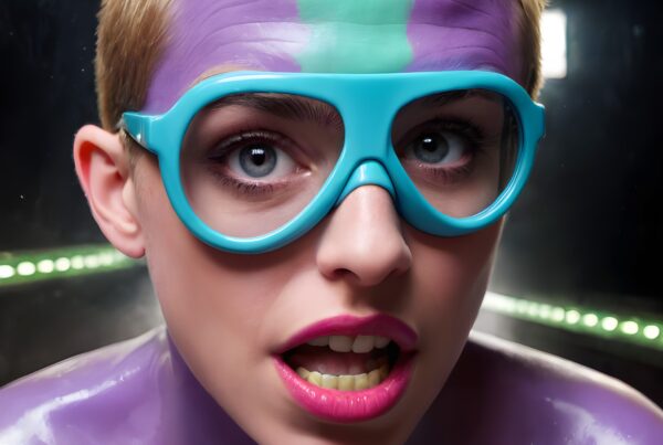 Person with vibrant body paint and blue glasses in a colorful, futuristic setting.