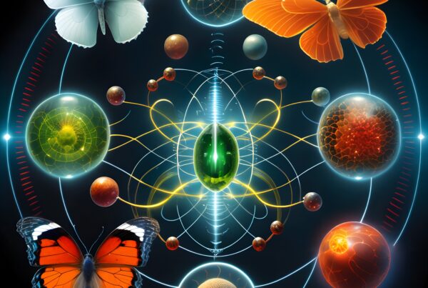 A cosmic blend of butterflies and molecular technology, illustrating science's fusion with nature.