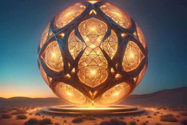Futuristic glowing sphere in desert landscape.