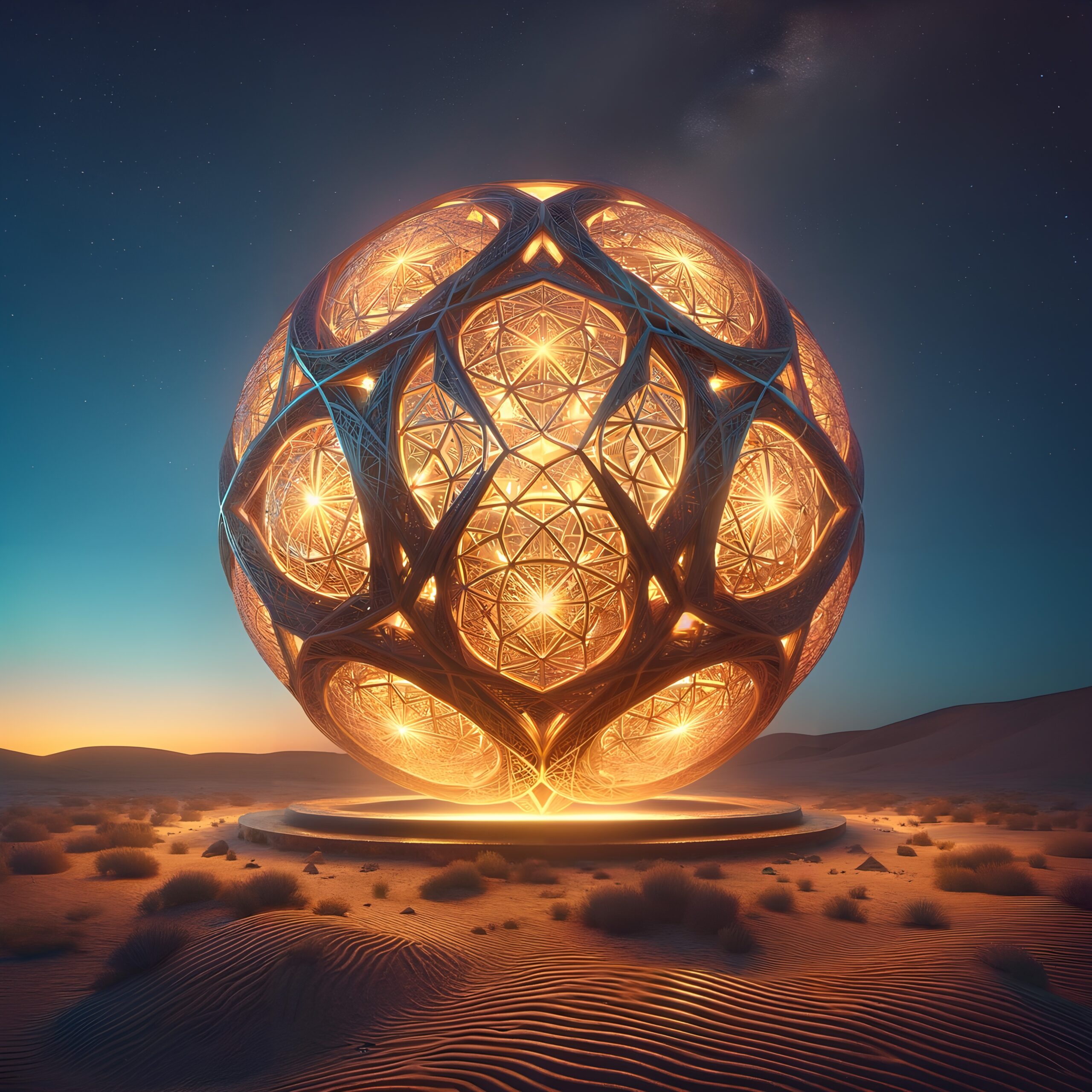 Glowing Geometric Sphere in Desert