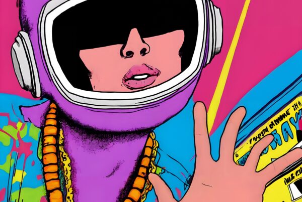 A vibrant pop art illustration features a person in a purple helmet and beads against a colorful psychedelic background.