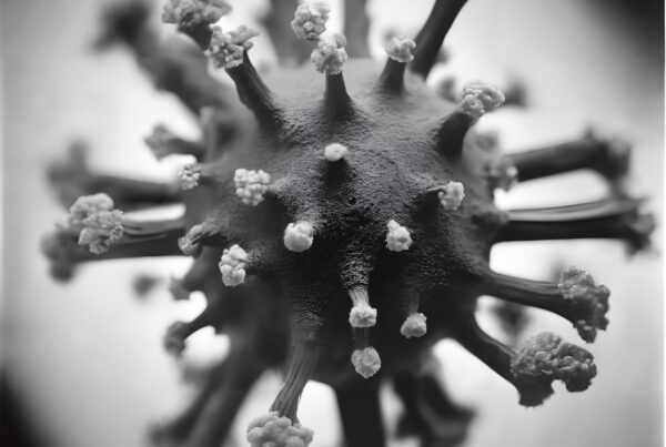 A black and white close-up of a virus particle with spike-like protrusions.