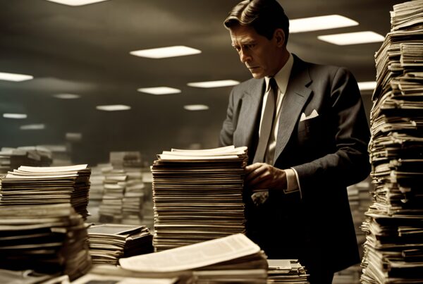 Man in suit examining newspapers in a dimly lit office, surrounded by large stacks of documents.