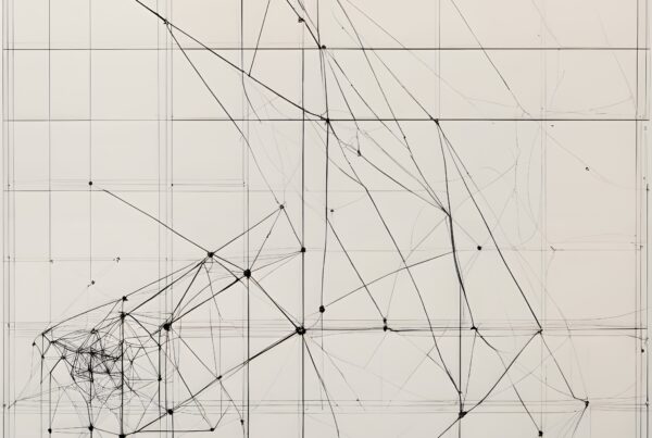 Abstract geometric artwork with intersecting lines, nodes, and grid pattern against a monochromatic background.