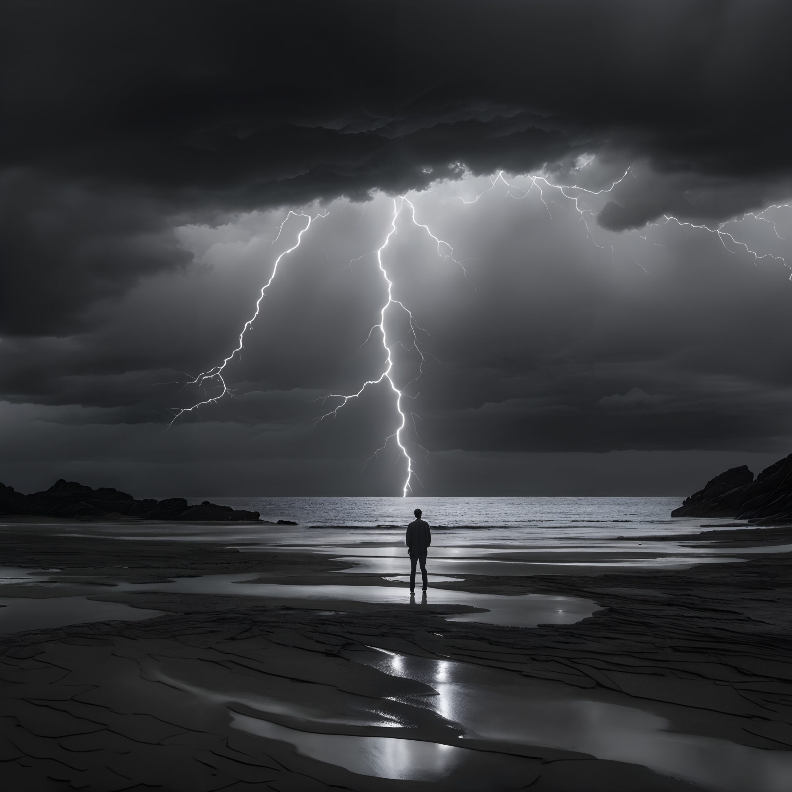 Stormy Beach with Striking Lightning