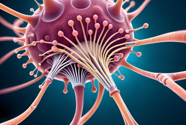 Illustration of an abstract viral structure with tentacle-like extensions on a blue background.